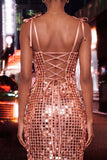 Coffee Bodycon Sheer Corset Ruched Sequins Bowed Straps Short Homecoming Dress