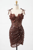 Coffee Bodycon Sheer Corset Ruched Sequins Bowed Straps Short Homecoming Dress