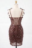 Coffee Bodycon Sheer Corset Ruched Sequins Bowed Straps Short Homecoming Dress