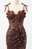 Coffee Bodycon Sheer Corset Ruched Sequins Bowed Straps Short Homecoming Dress