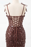Coffee Bodycon Sheer Corset Ruched Sequins Bowed Straps Short Homecoming Dress