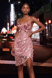 Bodycon Sheer Corset Ruched Sequins Bowed Straps Short Homecoming Dress
