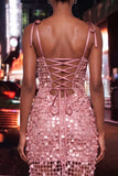 Coffee Bodycon Sheer Corset Ruched Sequins Bowed Straps Short Homecoming Dress