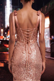 Sparkly Coffee Sheer Corset Bodycon Sequins Lace Up Back Bowed Straps Homecoming Dress with Slit