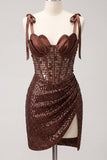 Sparkly Coffee Sheer Corset Bodycon Sequins Lace Up Back Bowed Straps Homecoming Dress with Slit