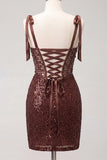 Sparkly Coffee Sheer Corset Bodycon Sequins Lace Up Back Bowed Straps Homecoming Dress with Slit