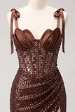Sparkly Coffee Sheer Corset Bodycon Sequins Lace Up Back Bowed Straps Homecoming Dress with Slit