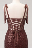 Sparkly Coffee Sheer Corset Bodycon Sequins Lace Up Back Bowed Straps Homecoming Dress with Slit