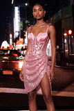 Sparkly Sheer Corset Bodycon Sequins Lace Up Back Bowed Straps Homecoming Dress with Slit