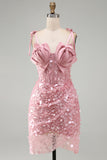 Pink Satin Rose Bust Corset Sequin Short Homecoming Dress