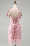 Pink Satin Rose Bust Corset Sequin Short Homecoming Dress