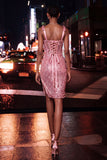 Sparkly Coffee Sheer Corset Bodycon Sequins Lace Up Back Bowed Straps Homecoming Dress with Slit