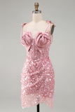 Pink Satin Rose Bust Corset Sequin Short Homecoming Dress