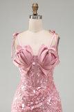 Pink Satin Rose Bust Corset Sequin Short Homecoming Dress