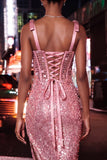 Sparkly Coffee Sheer Corset Bodycon Sequins Lace Up Back Bowed Straps Homecoming Dress with Slit