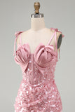 Pink Satin Rose Bust Corset Sequin Short Homecoming Dress