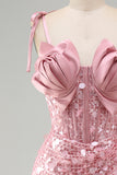 Pink Satin Rose Bust Corset Sequin Short Homecoming Dress