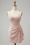 Blush Bodycon Halter Neck Corset Lace Up Back Ruched Homecoming Dress with Sash