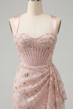 Blush Bodycon Halter Neck Corset Lace Up Back Ruched Homecoming Dress with Sash