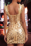 Bodycon Mint Green Sheer Corset Ruffled Lace Up Back Ruched Sequins Homecoming Dress with Sash