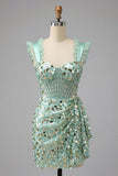 Bodycon Mint Green Sheer Corset Ruffled Lace Up Back Ruched Sequins Homecoming Dress with Sash