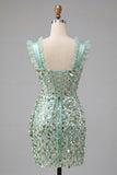 Bodycon Mint Green Sheer Corset Ruffled Lace Up Back Ruched Sequins Homecoming Dress with Sash