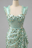 Bodycon Mint Green Sheer Corset Ruffled Lace Up Back Ruched Sequins Homecoming Dress with Sash