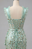 Bodycon Mint Green Sheer Corset Ruffled Lace Up Back Ruched Sequins Homecoming Dress with Sash