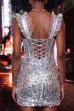 Bodycon Mint Green Sheer Corset Ruffled Lace Up Back Ruched Sequins Homecoming Dress with Sash