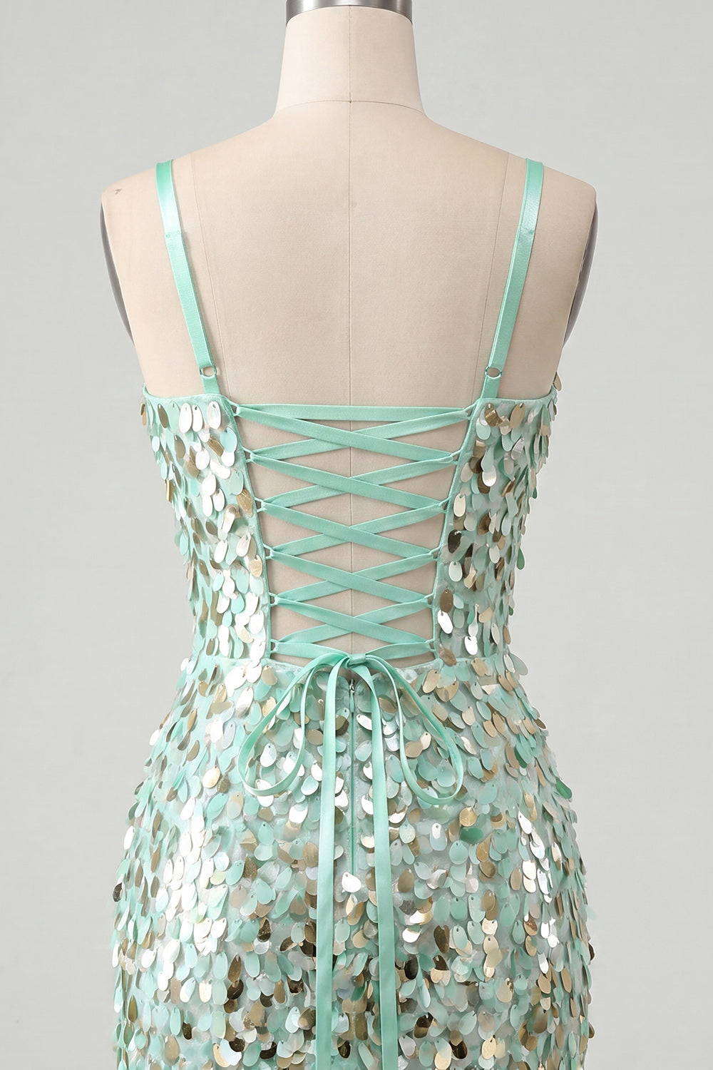 ZAPAKA Women Mint Green Bodycon Homecoming Dress Sparkly Lace Up Back Corset Sequins Spaghetti Straps Short Cocktail Dress, Mint Green / US18W