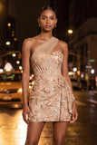 Green Bodycon Corset One Shoulder Lace Up Back Sequins Homecoming Dress with Sash