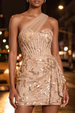 Green Bodycon Corset One Shoulder Lace Up Back Sequins Homecoming Dress with Sash