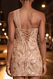 Green Bodycon Corset One Shoulder Lace Up Back Sequins Homecoming Dress with Sash