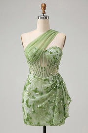 Green Bodycon Corset One Shoulder Lace Up Back Sequins Homecoming Dress with Sash