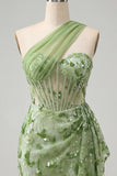 Green Bodycon Corset One Shoulder Lace Up Back Sequins Homecoming Dress with Sash