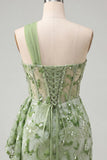 Green Bodycon Corset One Shoulder Lace Up Back Sequins Homecoming Dress with Sash