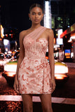 Green Bodycon Corset One Shoulder Lace Up Back Sequins Homecoming Dress with Sash