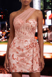 Green Bodycon Corset One Shoulder Lace Up Back Sequins Homecoming Dress with Sash