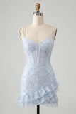 Light Blue Bodycon Corset Lace Up Back Sequins Homecoming Dress with Ruffles