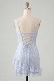 Light Blue Bodycon Corset Lace Up Back Sequins Homecoming Dress with Ruffles