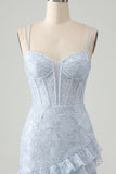 Light Blue Bodycon Corset Lace Up Back Sequins Homecoming Dress with Ruffles