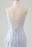 Light Blue Bodycon Corset Lace Up Back Sequins Homecoming Dress with Ruffles