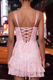 Light Blue Bodycon Corset Lace Up Back Sequins Homecoming Dress with Ruffles