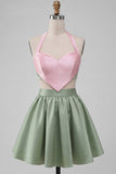 Pink and Green A-Line 2 Piece Halter Neck Satin Homecoming Dress