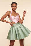Pink and Green A-Line 2 Piece Halter Neck Satin Homecoming Dress