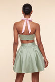 Pink and Green A-Line 2 Piece Halter Neck Satin Homecoming Dress