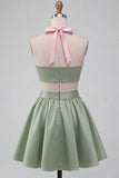 Pink and Green A-Line 2 Piece Halter Neck Satin Homecoming Dress