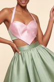 Pink and Green A-Line 2 Piece Halter Neck Satin Homecoming Dress