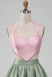 Pink and Green A-Line 2 Piece Halter Neck Satin Homecoming Dress