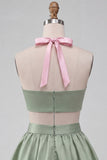 Pink and Green A-Line 2 Piece Halter Neck Satin Homecoming Dress